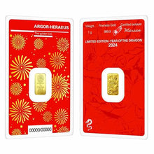 Load image into Gallery viewer, 1 gram 2024 Lunar Year of the Dragon Gold Bar Argor-Heraeus