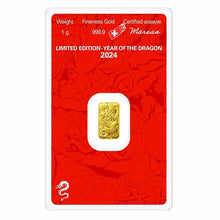 Load image into Gallery viewer, 1 gram 2024 Lunar Year of the Dragon Gold Bar Argor-Heraeus