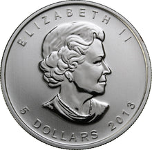 Load image into Gallery viewer, 1 oz 2013 Canadian Maple Leaf 25th Anniversary $5 .999 Silver Coin