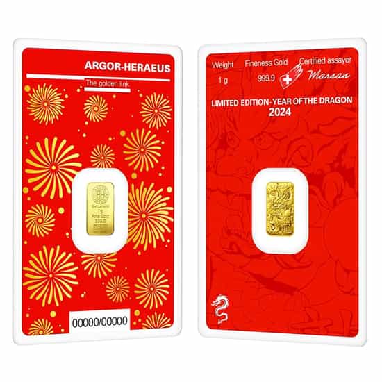 1 gram 2024 Lunar Year of the Dragon Gold Bar ArgorHeraeus
