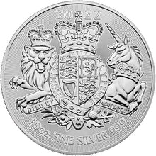 Load image into Gallery viewer, THE ROYAL ARMS 2022 GREAT BRITAIN 10 OZ PURE SILVER BU COIN IN CAPSULE – ROYAL MINT
