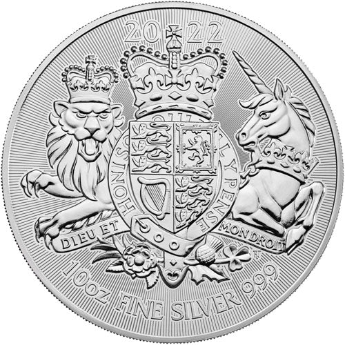 THE ROYAL ARMS 2022 GREAT BRITAIN 10 OZ PURE SILVER BU COIN IN CAPSULE – ROYAL MINT