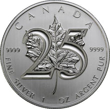 Load image into Gallery viewer, 1 oz 2013 Canadian Maple Leaf 25th Anniversary $5 .999 Silver Coin
