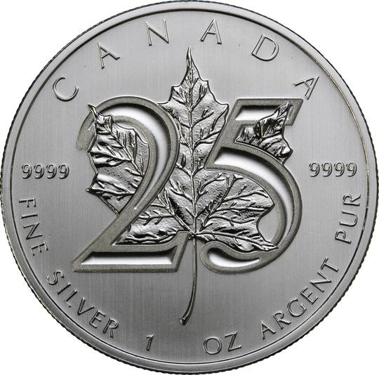 1 oz 2013 Canadian Maple Leaf 25th Anniversary $5 .999 Silver Coin