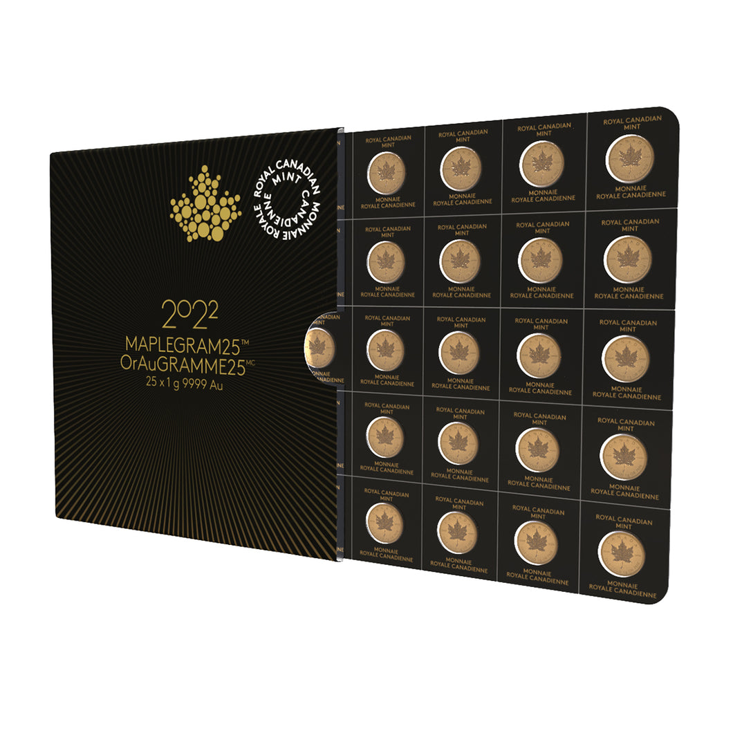 2023 25x 1 gram Gold Maple Leafs Maplegram25™ (In Assay)